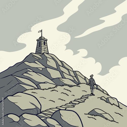 Vector art of a lone figure ascends a rocky mountain path towards a tower atop the summit, capturing the essence of adventure and breathtaking panoramic views