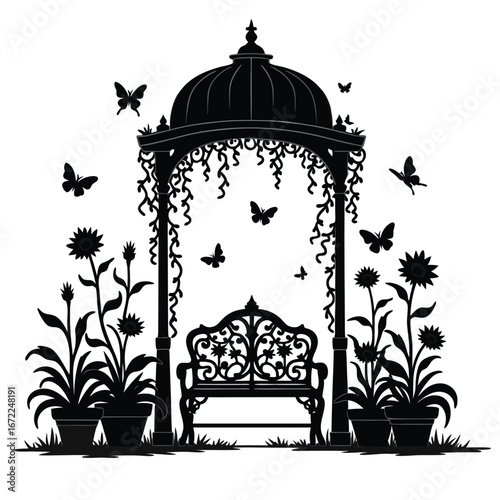 Black silhouette of garden gazebo with bench and sunflowers