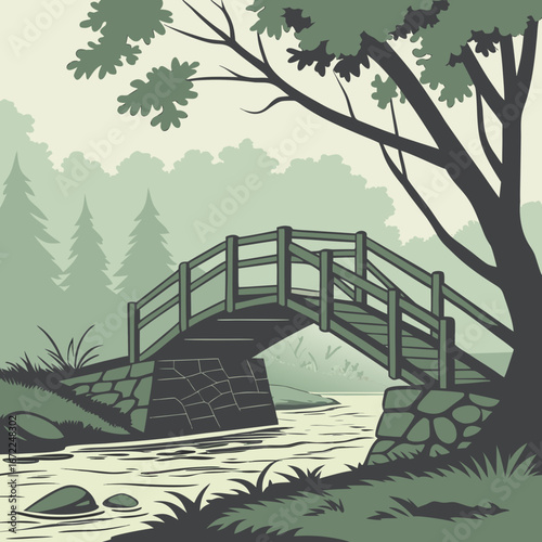 Vector art of a picturesque bridge gracefully spans a tranquil river, nestled amidst lush greenery and towering trees, creating a serene and inviting landscape
