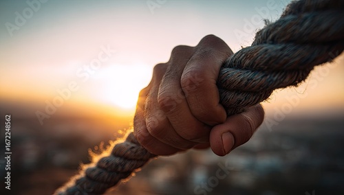 A hand gripping a thick rope against a blurred sunrise. Focus on the strength of the hold