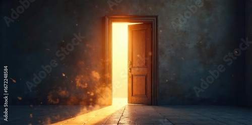 A partially open door, sunlight streaming through, illuminating dust motes, symbolic of a pathway to faith and spiritual awakening , eternity, awakening, religion