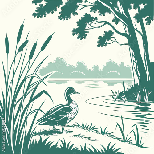 Vector art of a serene illustration of a duck standing by a tranquil lake surrounded by reeds and trees, capturing the essence of natures beauty and peacefulness