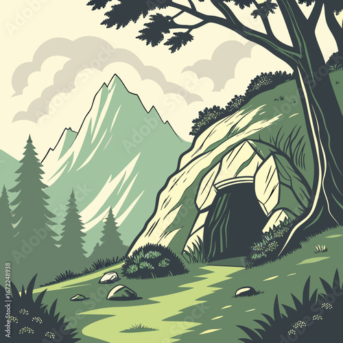 Vector art of a serene mountain landscape featuring a cave entrance nestled among rocks and trees, with a backdrop of majestic peaks and cloudy skies, inviting exploration and adventure