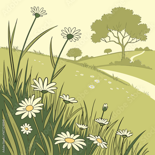 Vector art of a serene meadow filled with daisies, lush grass, and rolling hills under a sunny sky, creating a peaceful and idyllic countryside landscape