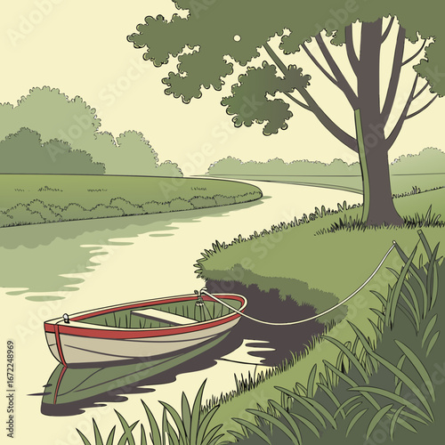 Vector art of a serene river scene with a small rowboat tied to a tree on the bank, showcasing a peaceful and idyllic landscape with lush greenery and calm waters