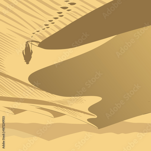Vector art of a solitary figure walking across a vast desert dune, leaving footprints in the sand, capturing the essence of adventure and the beauty of the arid landscape