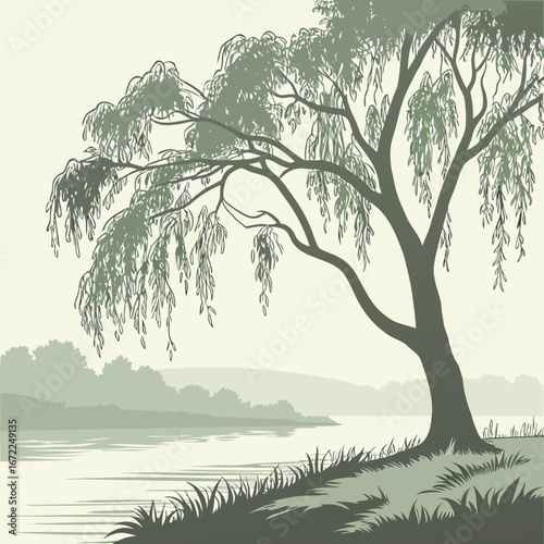 Vector art of a serene willow tree landscape illustration with a river, reflecting the tranquil beauty of nature and the peaceful countryside in a vintage style