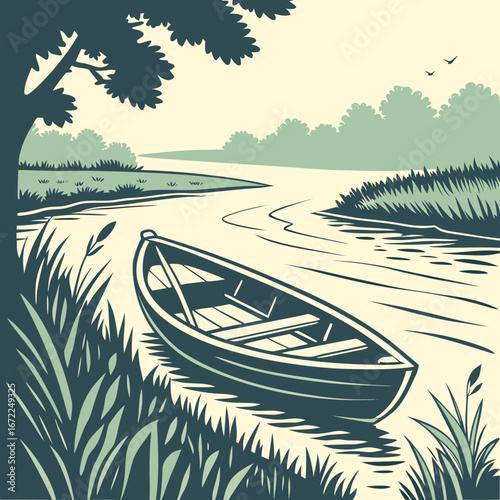 Vector art of a tranquil river scene featuring a wooden boat resting on the grassy bank, with trees and birds creating a serene and picturesque landscape
