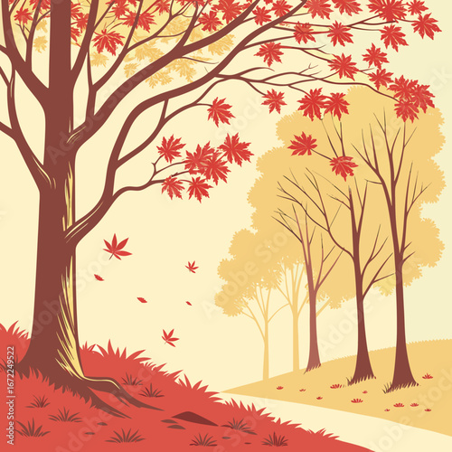 Vector art of a vibrant autumn landscape with maple trees displaying colorful red and orange leaves, creating a warm and inviting seasonal scene