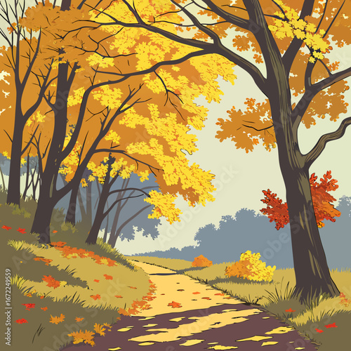 Vector art of a vibrant autumn scene with a path winding through a forest of trees with colorful foliage, showcasing the beauty of nature in the fall season