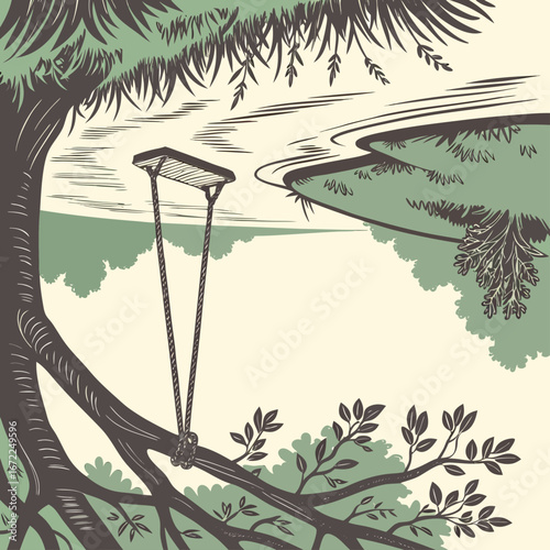 Vector art of a whimsical tree swing hanging over a serene lake, evoking a sense of nostalgia and carefree summer days, perfect for nature and childhood themes