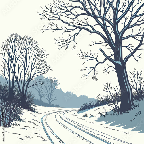 Vector art of a winding road leads through a serene winter landscape with snowcovered ground, bare trees, and a tranquil atmosphere, creating a peaceful winter scene