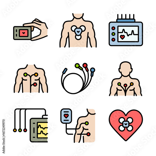 Holter Monitor Color Icons Set. Portable ECG Monitoring. Dynamic ECG System. Digital Heart Rate Analyzer and Recorder. Medical symbols isolated on white background.