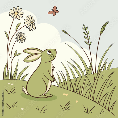 Vector art of charming illustration of a bunny in a flowerfilled meadow, watching a butterfly, capturing the innocence and beauty of nature in springtime