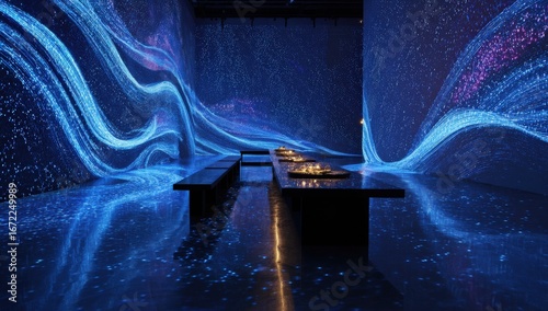 Futuristic dining space with dynamic light projections