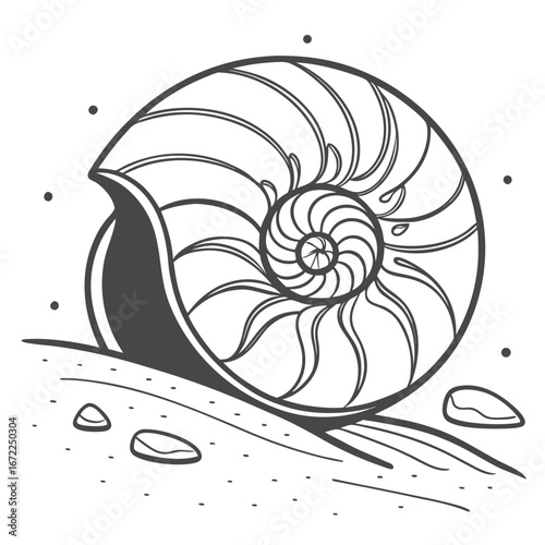 Vector art of nautilus shell on sand, a spiral sea animal drawing, a marine nature illustration in vector format, a beach design element