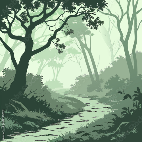 Vector art of lush green forest landscape with a winding path, trees, and foliage, creating a serene and natural scene for travel and tourism