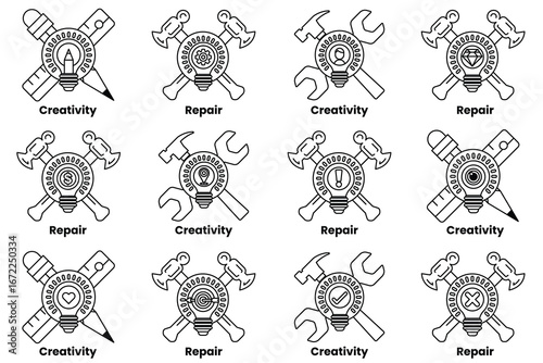 A series of symbols that represent different aspects of creativity and repair