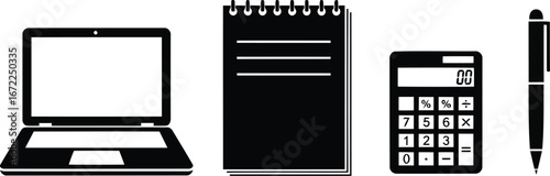 Office essentials for success, laptop, notepad, pen
