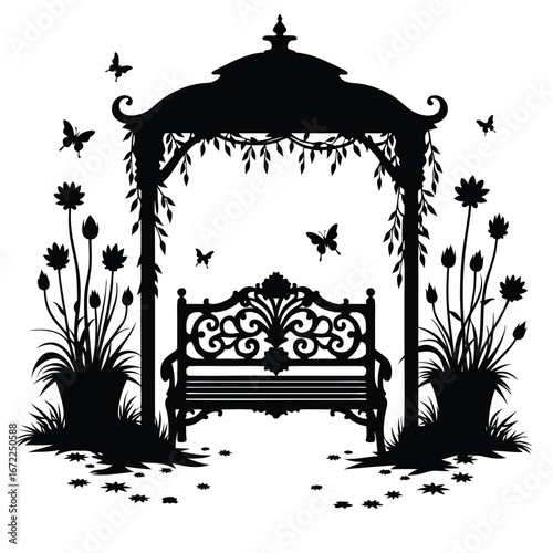 Black silhouette of ornate garden bench under gazebo with flowers and butterflies