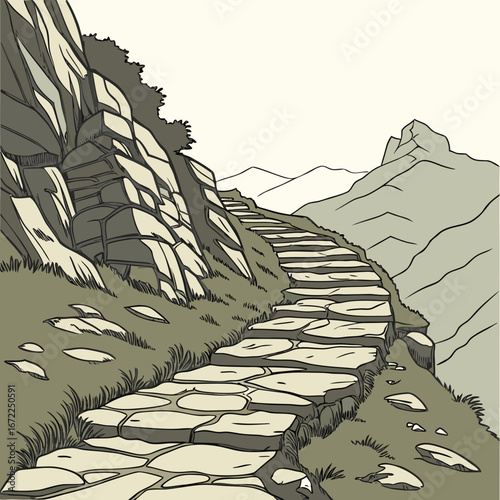 Vector art of stone steps wind up a mountainside, offering a scenic route for hikers and nature enthusiasts to explore the rugged terrain and breathtaking views