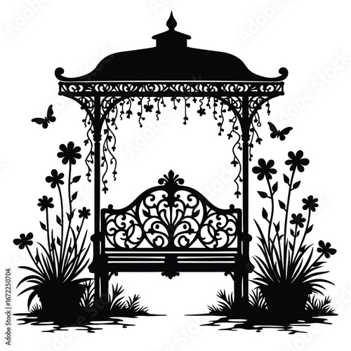 Black silhouette of ornate garden gazebo with bench and flowers 1