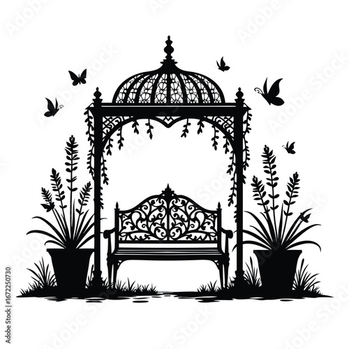 Black silhouette of ornate garden gazebo with bench and plants