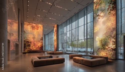 Modern, spacious lobby with large art installations and floor-to-ceiling windows
