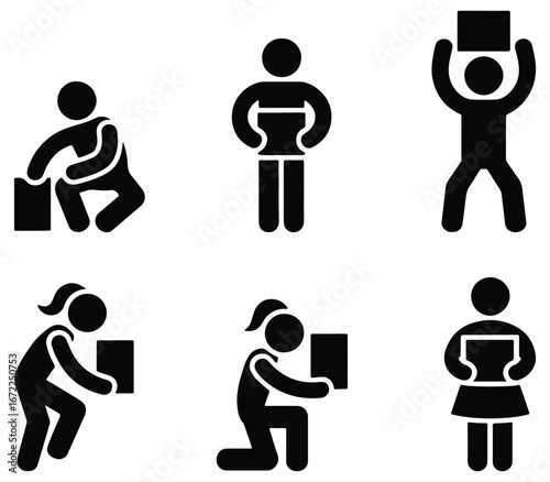 Pictogram set showing people lifting, carrying and holding boxes in various poses, vector illustration, moving and delivery icons, logistics and teamwork design elements