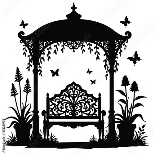 Black silhouette of ornate gazebo bench with plants and butterflies