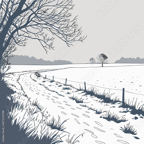 Vector art of winter landscape with snow covered field, path with footprints, trees and fence in a rural setting, creating a cold and peaceful scene