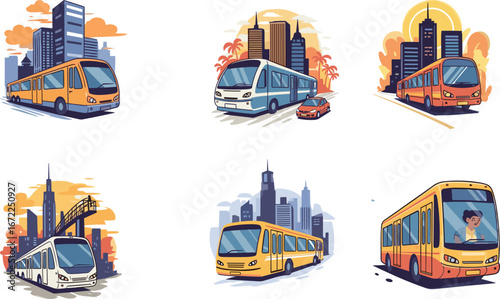 City buses and public transportation illustrations with urban skyscrapers and traffic, perfect for transit-related designs, apps, or educational materials