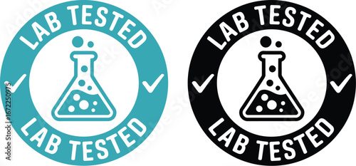 Lab tested badge icons with flask and bubbles in teal and black for product safety, scientific validation, and quality assurance