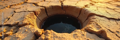A perfectly round hole in the ground, surrounded by dry, cracked earth, under the summer sun  Perfect for illustrating drought, summer heat, or the passage of time ,  cracked earth,  desolate