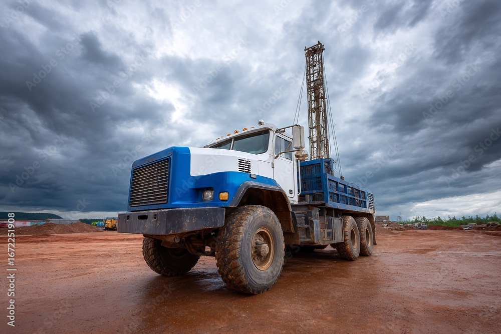 Obraz premium Powerful Drilling Rig Truck Amidst Dramatic Skies Heavy Machinery Ready for Action
