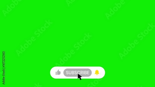 like subscribe and bell icon motion graphic on green screen chroma key of cursor is pressing buttons for video channel.