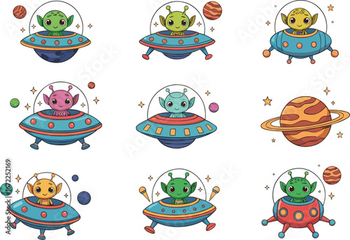 Cute cartoon aliens in flying saucers with colorful planets and stars, perfect for space-themed illustrations, kids books, stickers, or sci-fi clipart