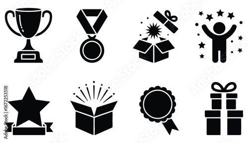 Celebrating achievements with trophies, medals, gifts and awards, vector graphic design style, success and recognition symbols, celebration elements collection