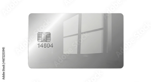 Photorealistic business debit card with sleek silver minimalist design, isolated on transparent background, ideal for banking, finance, digital payment, and corporate visuals, high-quality metallic te
