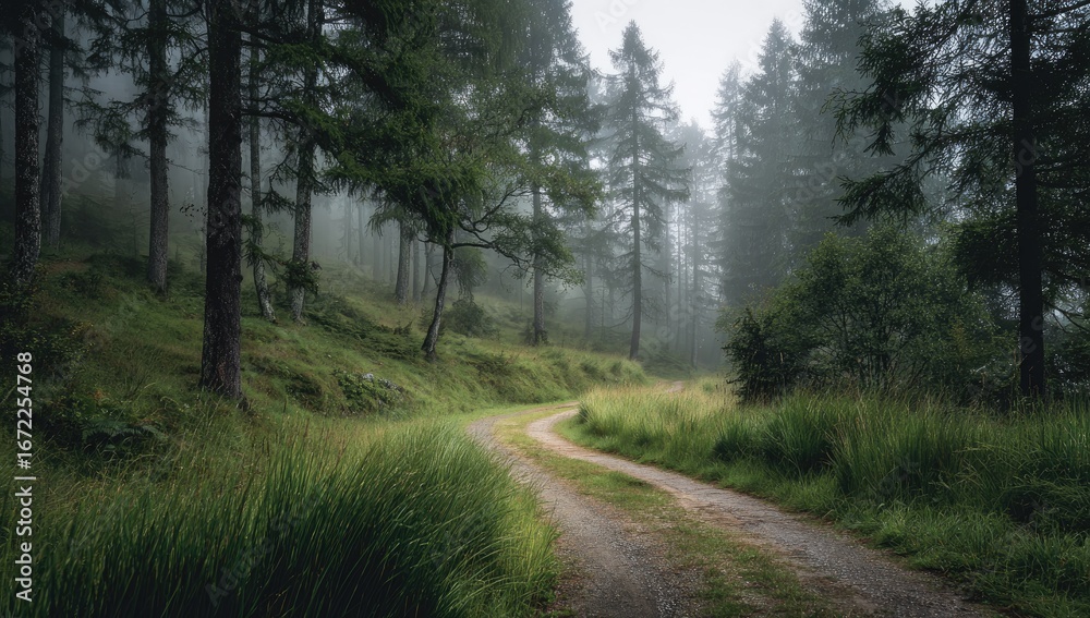 Fototapeta premium Misty forest path winding through tall pines