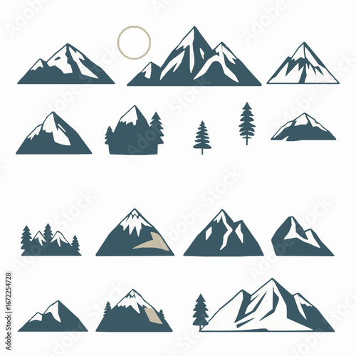 Collection of stylized mountain peaks and evergreen trees
