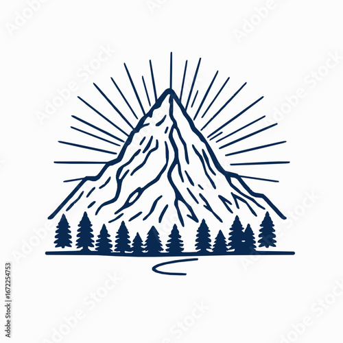 Mountain peak with sun rays and pine trees summit nature
