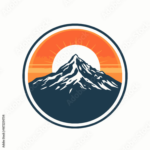 Mountain peak with sun and sky in a circle sunset