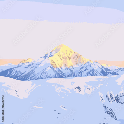 Golden Mountain Peak in Snowy Landscape winter summit