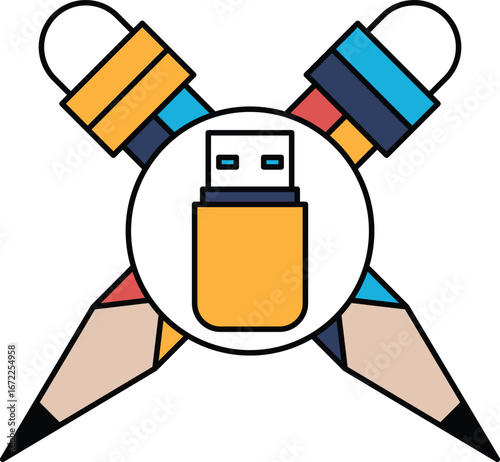 A USB flash drive is shown with a pencil and pen