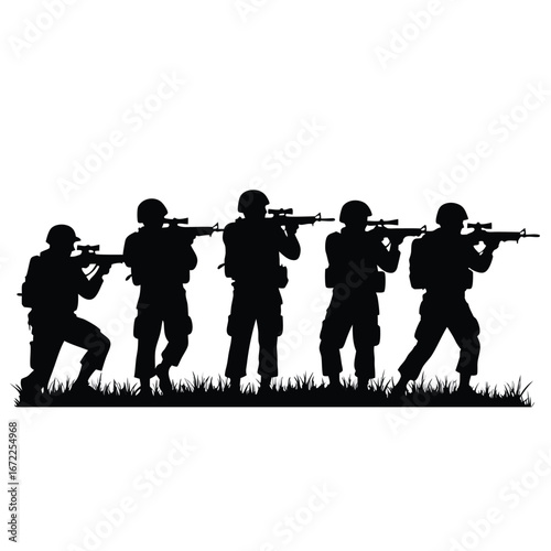 Five soldiers in silhouette aiming rifles in grass 1