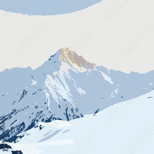 Snow covered mountain peak with blue sky vector