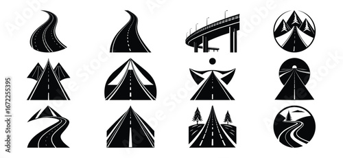 Road and Highway Vector Icon Set Black and White Graphic Collection of Roads
