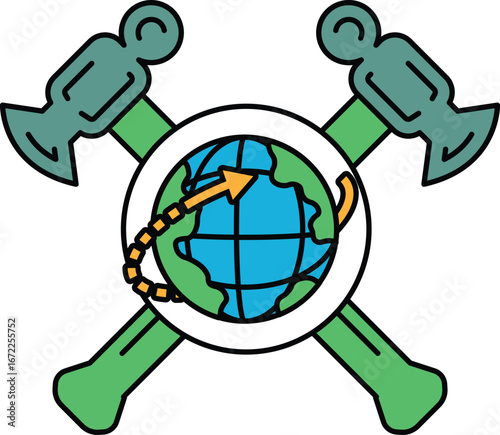 A hammer and anvil with a globe in the middle