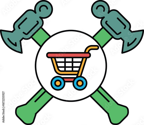 A hammer and an ax are crossed over a shopping cart